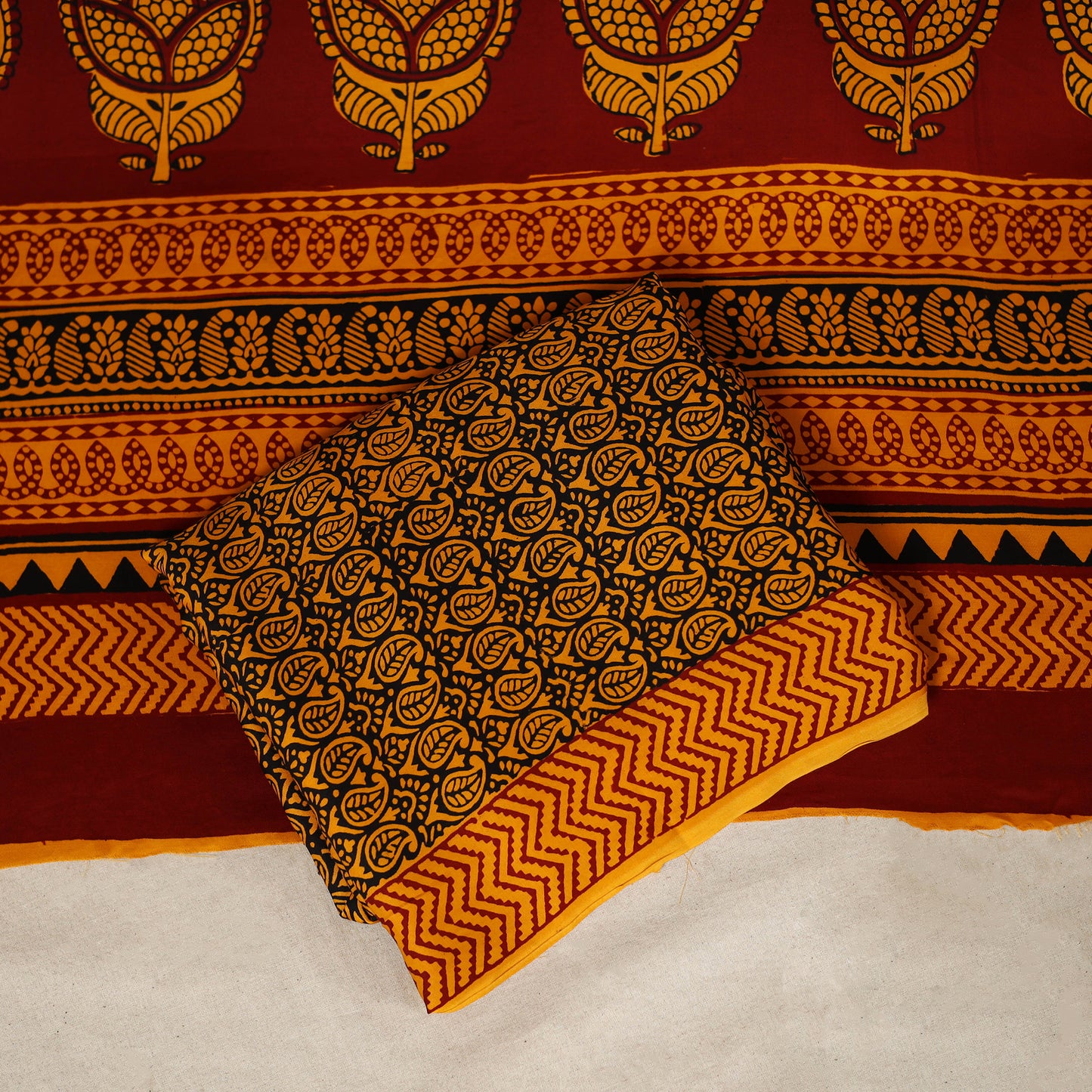 Yellow - 3pc Modal Silk Unstitched Bagh Print Suit Material Set 