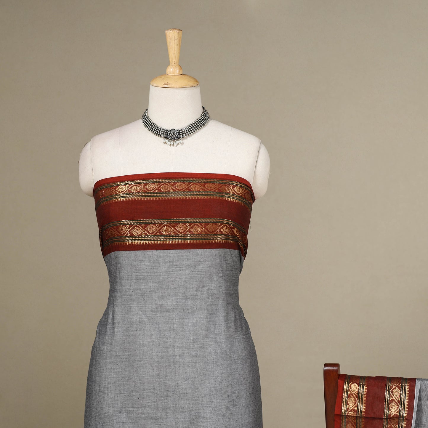 Grey - 2pc unstitched kandangi chettinad cotton dress