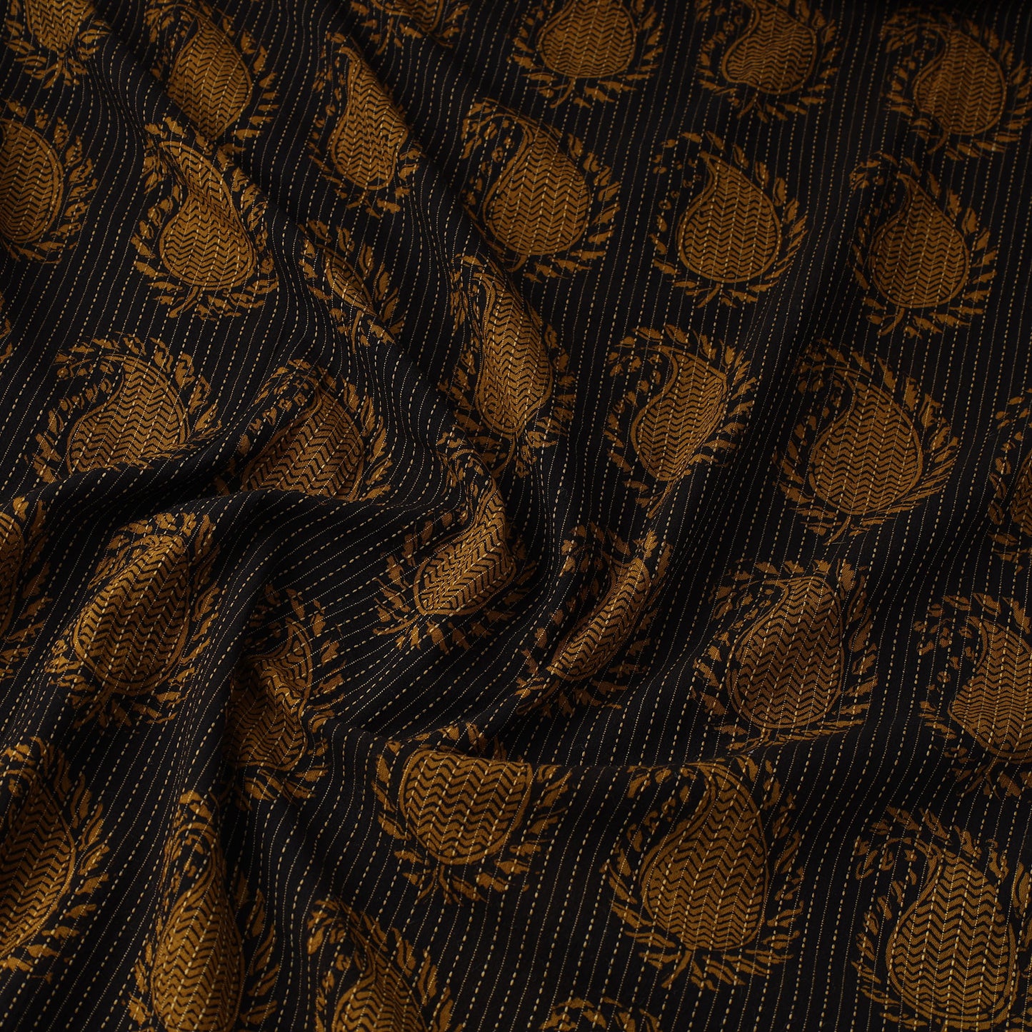 Black - Bagh Block Printed Kantha Style Cotton Fabric 11