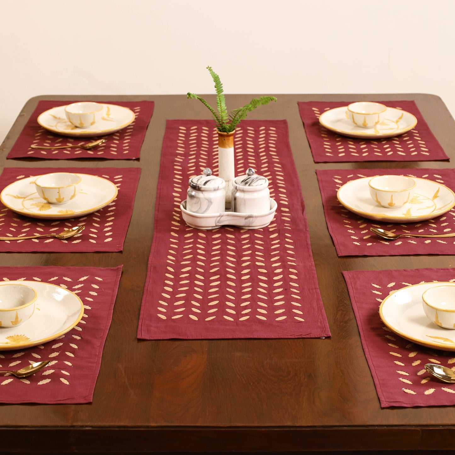 Maroon - Barmer Applique Cutwork Dining Table Runner with Mat Set 08