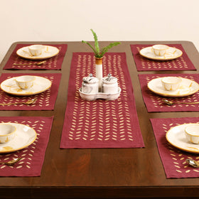 Maroon - Barmer Applique Cutwork Dining Table Runner with Mat Set 08