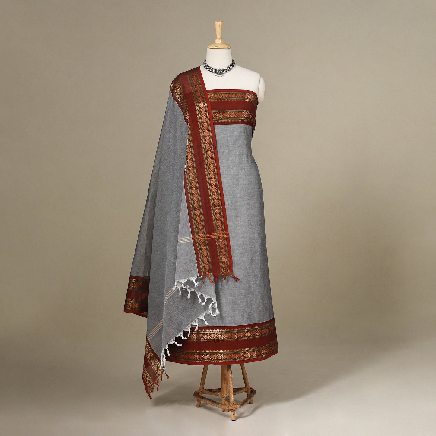Grey - 2pc unstitched kandangi chettinad cotton dress