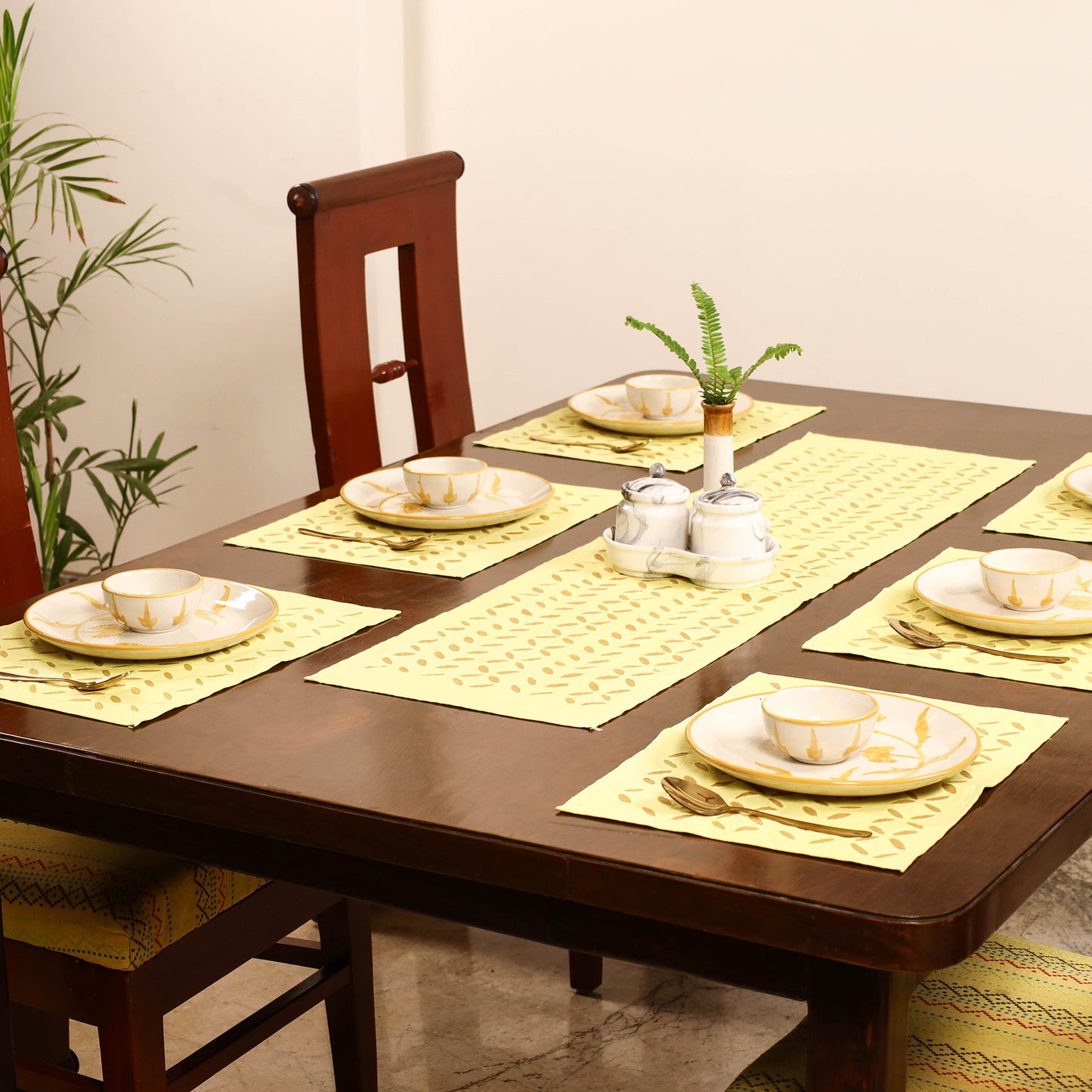 Yellow - Barmer Applique Cutwork Dining Table Runner with Mat Set 09