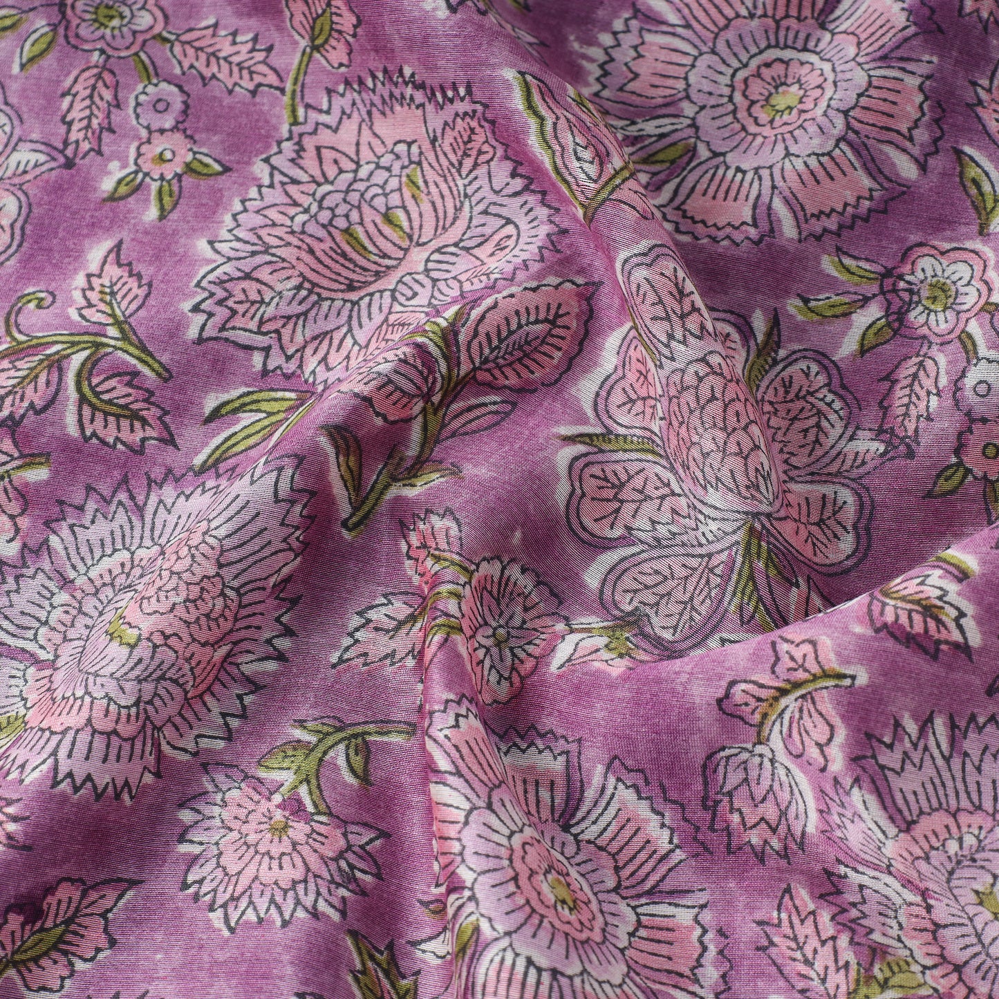 Purple - Sanganeri Block Printed Chanderi Silk Fabric 10