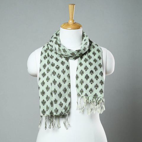 Green - Sanganeri Block Printed Cotton Stole with Tassels 20