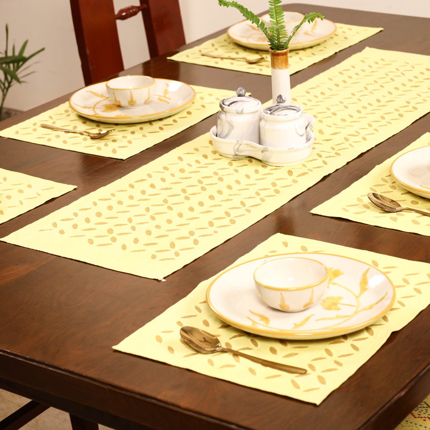 Yellow - Barmer Applique Cutwork Dining Table Runner with Mat Set 09