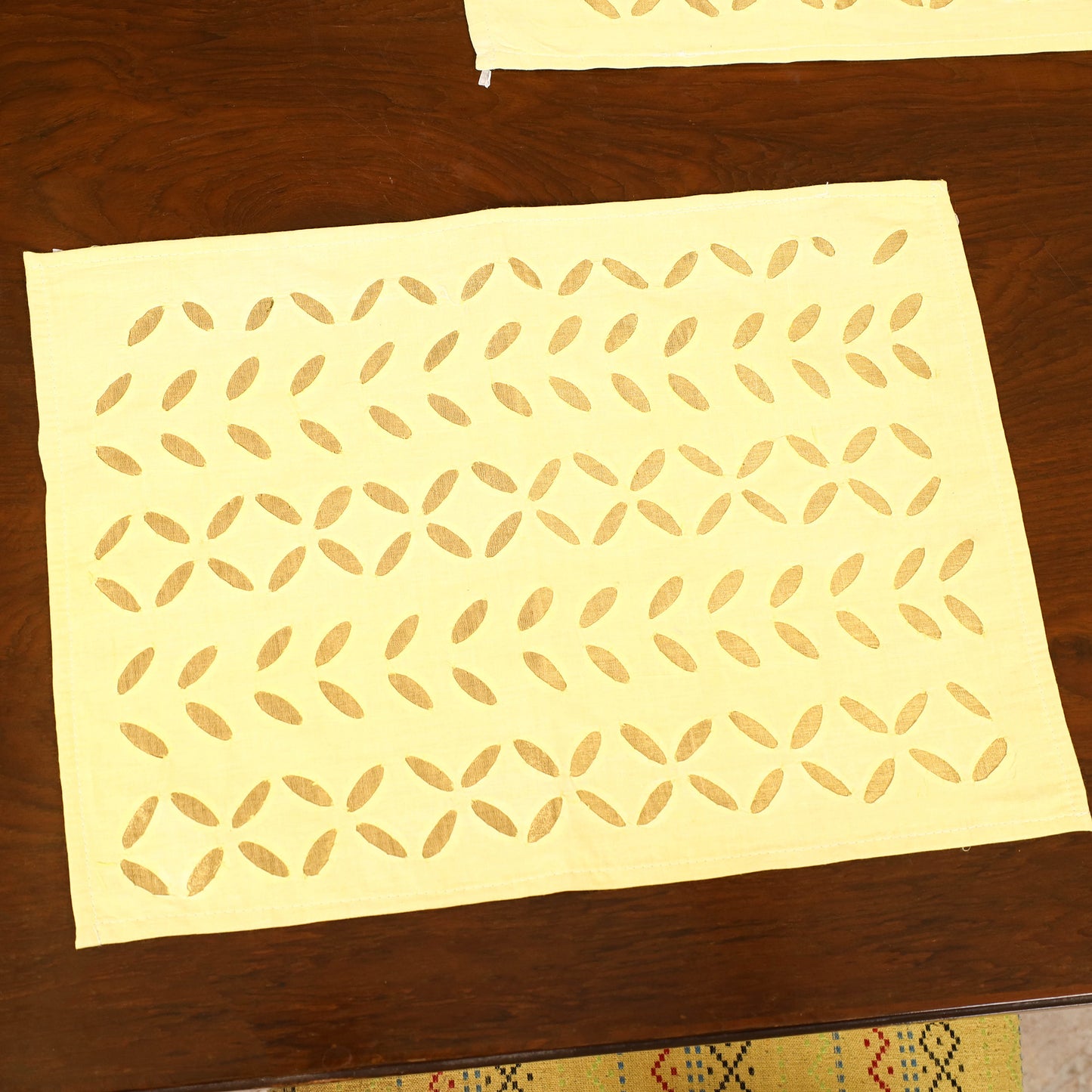 Yellow - Barmer Applique Cutwork Dining Table Runner with Mat Set 09