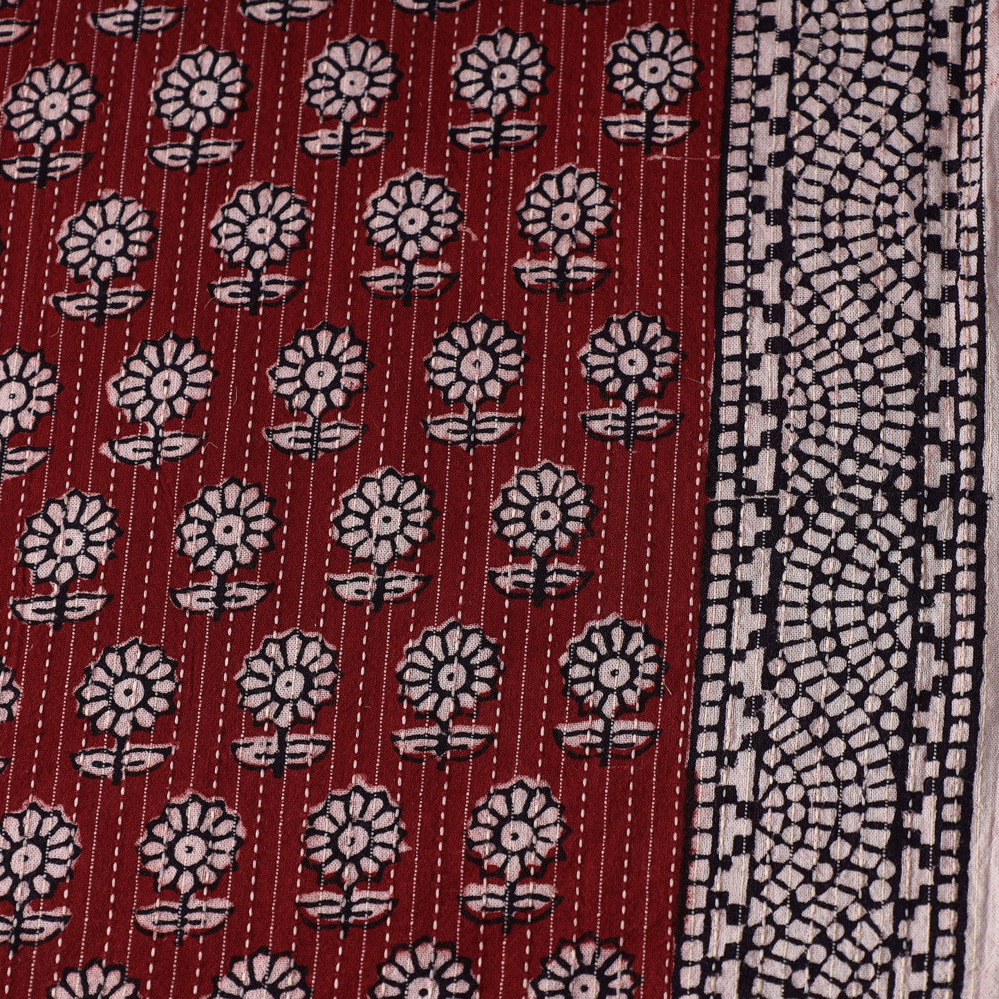 Red - Bagh Block Printed Kantha Style Cotton Fabric 13