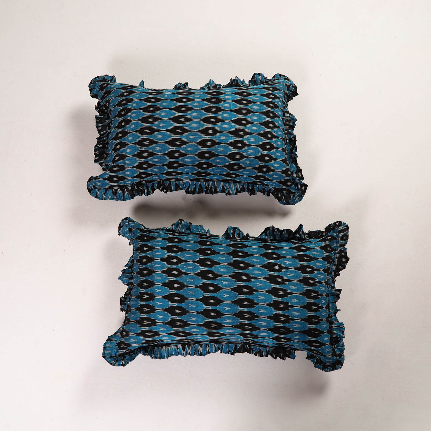 Blue - Set of 2 Pochampally Ikat Cotton Frill Pillow Covers 24