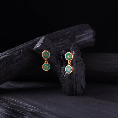 WHE Green Handmade Repurposed Brocade Fabric & Wood Earrings 02