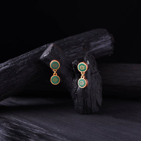 WHE Green Handmade Repurposed Brocade Fabric & Wood Earrings 02