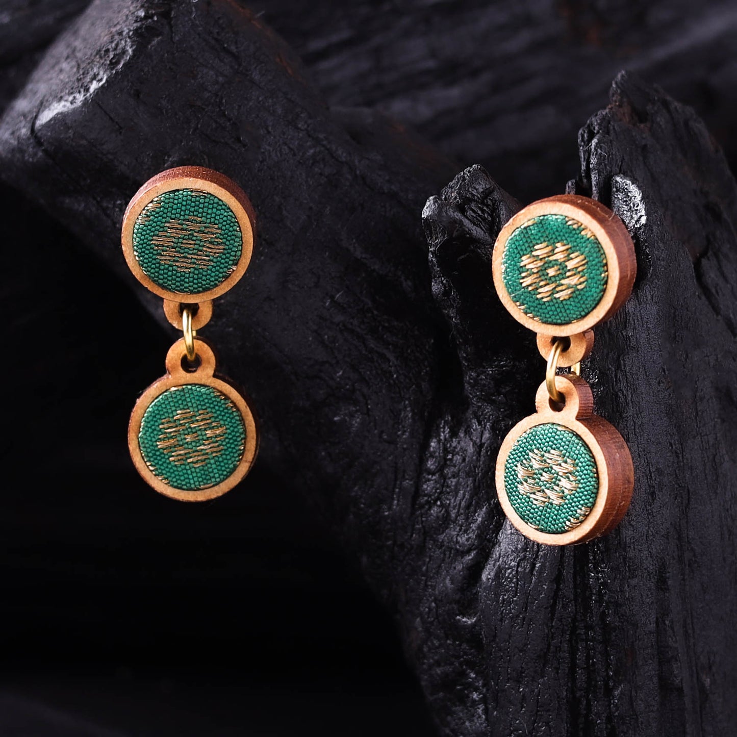 WHE Green Handmade Repurposed Brocade Fabric & Wood Earrings 02
