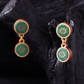 WHE Green Handmade Repurposed Brocade Fabric & Wood Earrings 02