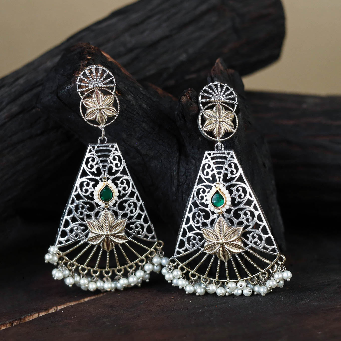 German Silver-Plated Ethnic Drop Earrings