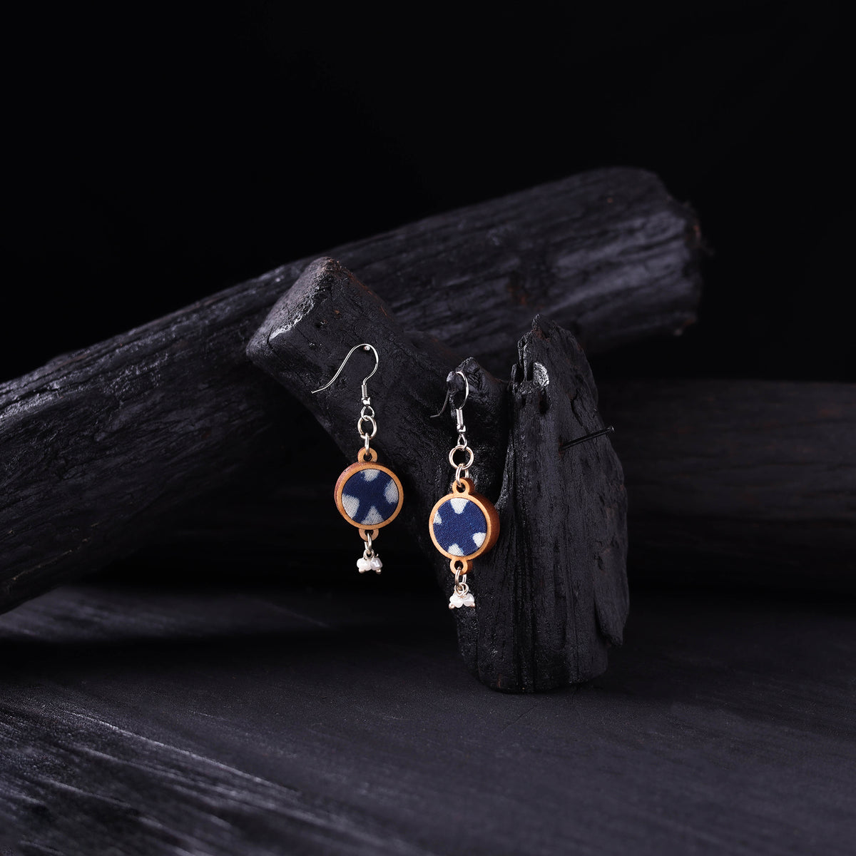 WHE Indigo Handmade Repurposed Fabric & Wood Earrings 03