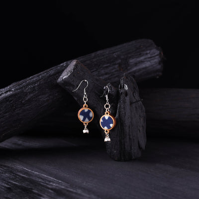 WHE Indigo Handmade Repurposed Fabric & Wood Earrings 03