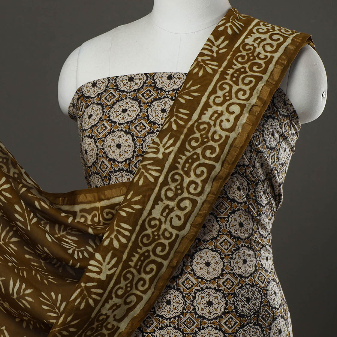 Brown - 2pc Bagru Block Printed Cotton Suit Material Set 39