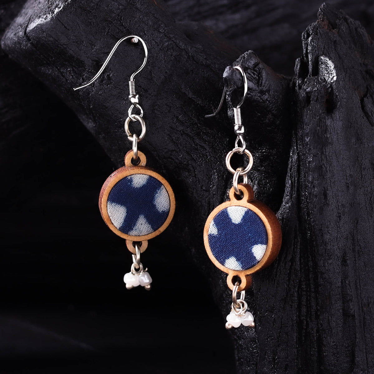 WHE Indigo Handmade Repurposed Fabric & Wood Earrings 03