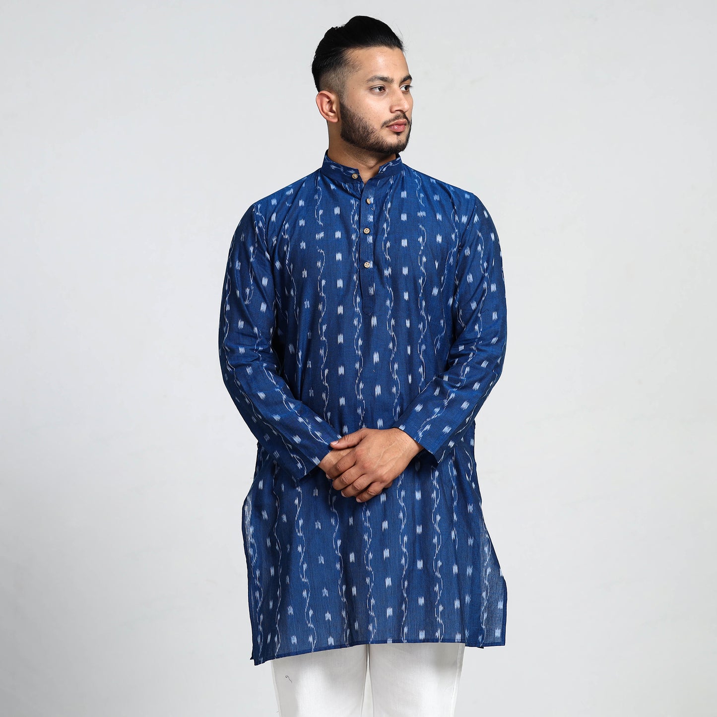 Dark Blue - Sambalpuri Ikat Weave Cotton Men Long Kurta