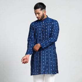 Dark Blue - Sambalpuri Ikat Weave Cotton Men Long Kurta