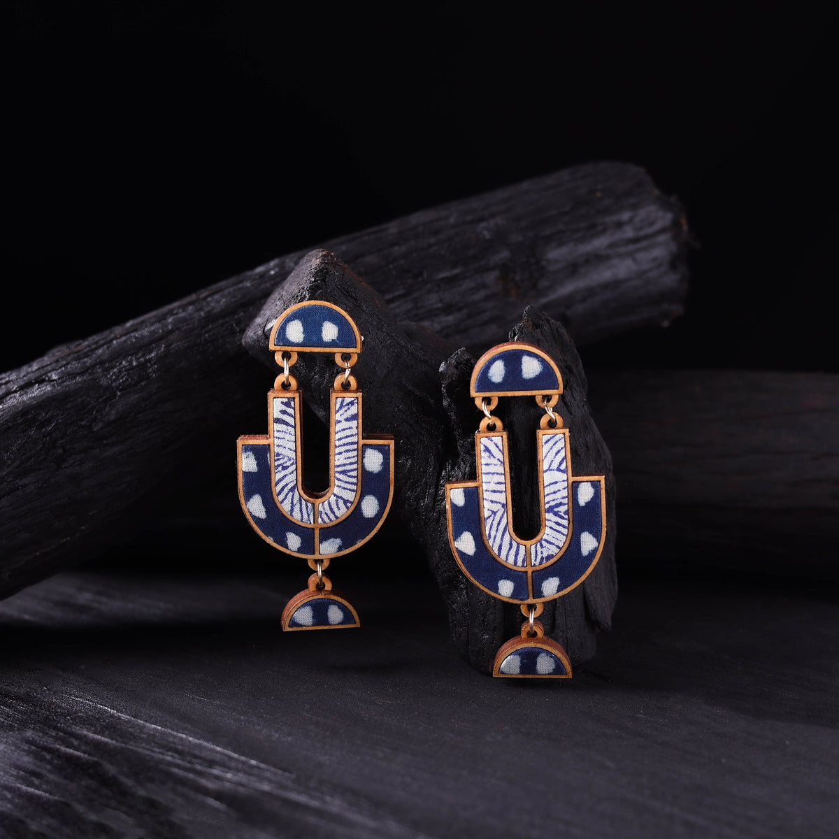 WHE Indigo Handmade Repurposed Fabric & Wood Statement Earrings 04