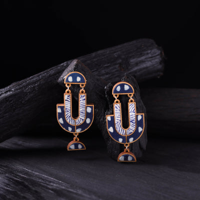 WHE Indigo Handmade Repurposed Fabric & Wood Statement Earrings 04
