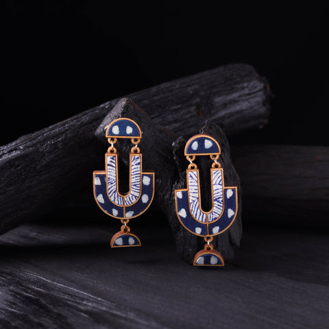 WHE Indigo Handmade Repurposed Fabric & Wood Statement Earrings 04