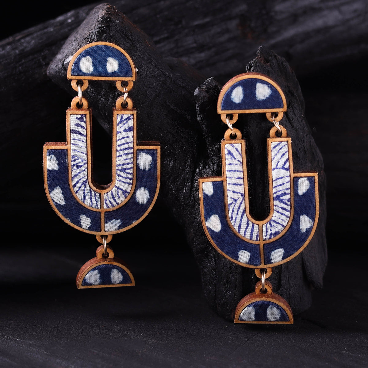 WHE Indigo Handmade Repurposed Fabric & Wood Statement Earrings 04