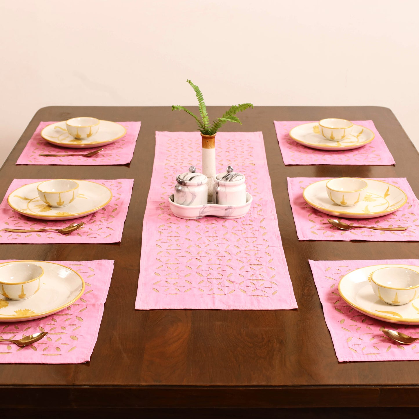 Pink - Barmer Applique Cutwork Dining Table Runner with Mat Set 13