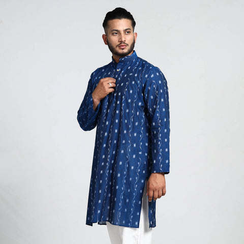 Dark Blue - Sambalpuri Ikat Weave Cotton Men Long Kurta