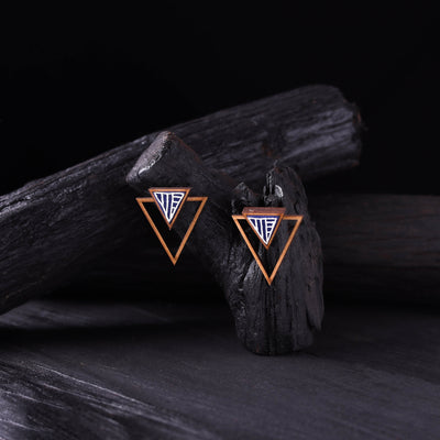 WHE Blue Hand Painted Repurposed Fabric & Wood Triangle Earrings 05