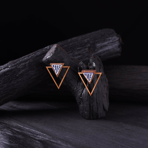 WHE Blue Hand Painted Repurposed Fabric & Wood Triangle Earrings 05