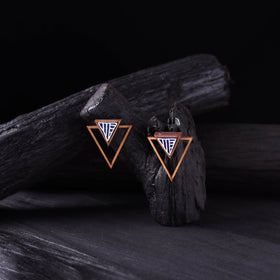 WHE Blue Hand Painted Repurposed Fabric & Wood Triangle Earrings 05