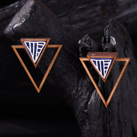 WHE Blue Hand Painted Repurposed Fabric & Wood Triangle Earrings 05