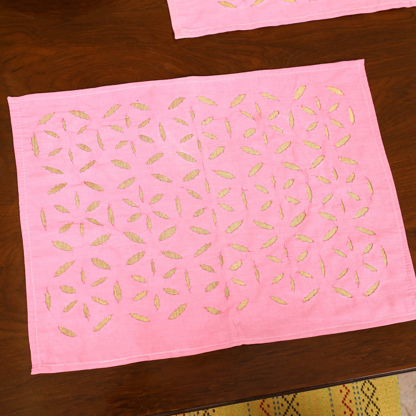 Pink - Barmer Applique Cutwork Dining Table Runner with Mat Set 13