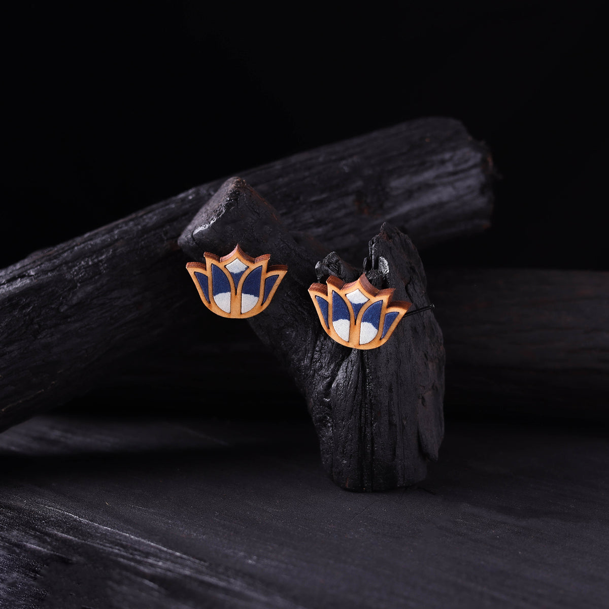 WHE Indigo Handmade Repurposed Fabric & Wood Bloom Lotus Earrings 06