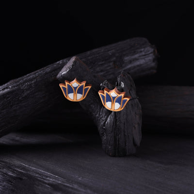 WHE Indigo Handmade Repurposed Fabric & Wood Bloom Lotus Earrings 06