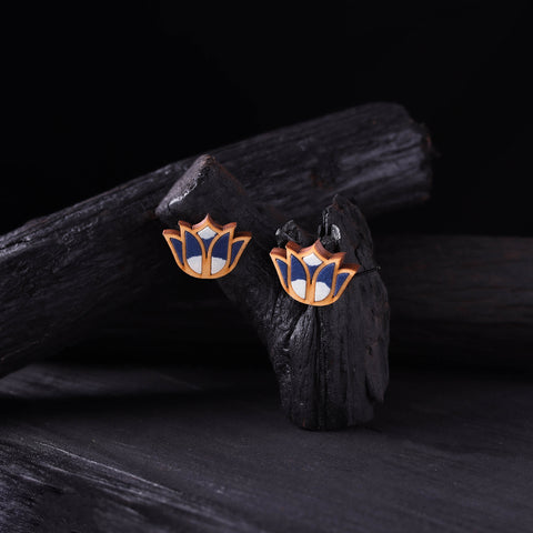 WHE Indigo Handmade Repurposed Fabric & Wood Bloom Lotus Earrings 06