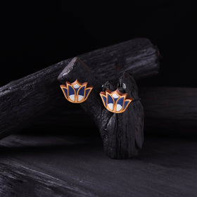 WHE Indigo Handmade Repurposed Fabric & Wood Bloom Lotus Earrings 06