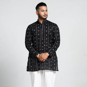 Black - Sambalpuri Ikat Weave Cotton Men Short Kurta