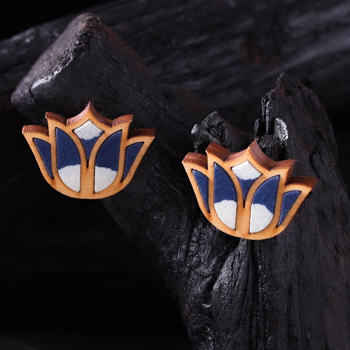WHE Indigo Handmade Repurposed Fabric & Wood Bloom Lotus Earrings 06