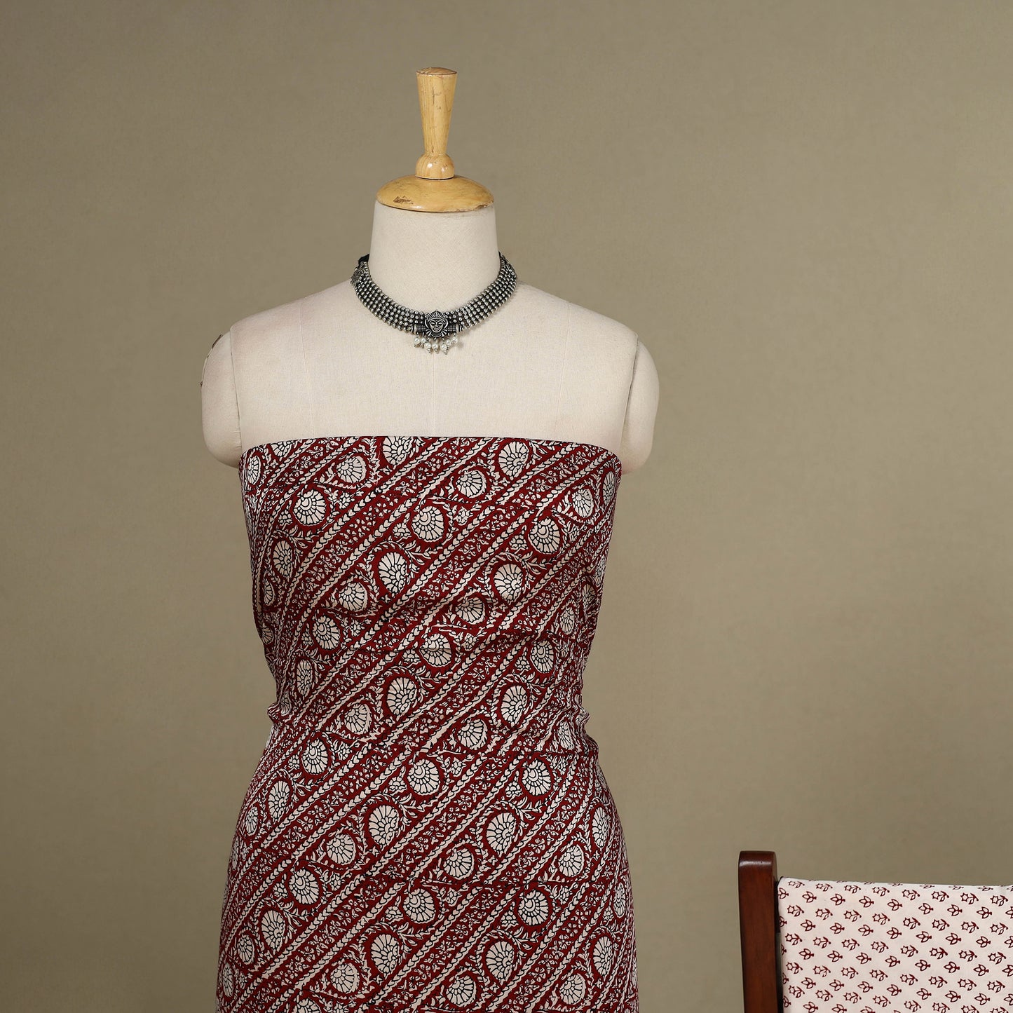 Maroon - 3pc Modal Silk Unstitched  Bagh Print Suit Material Set 