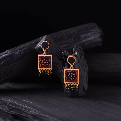 WHE Black & Red Handmade Repurposed Ajrakh Fabric & Wood Square Earrings 07