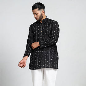 Black - Sambalpuri Ikat Weave Cotton Men Short Kurta