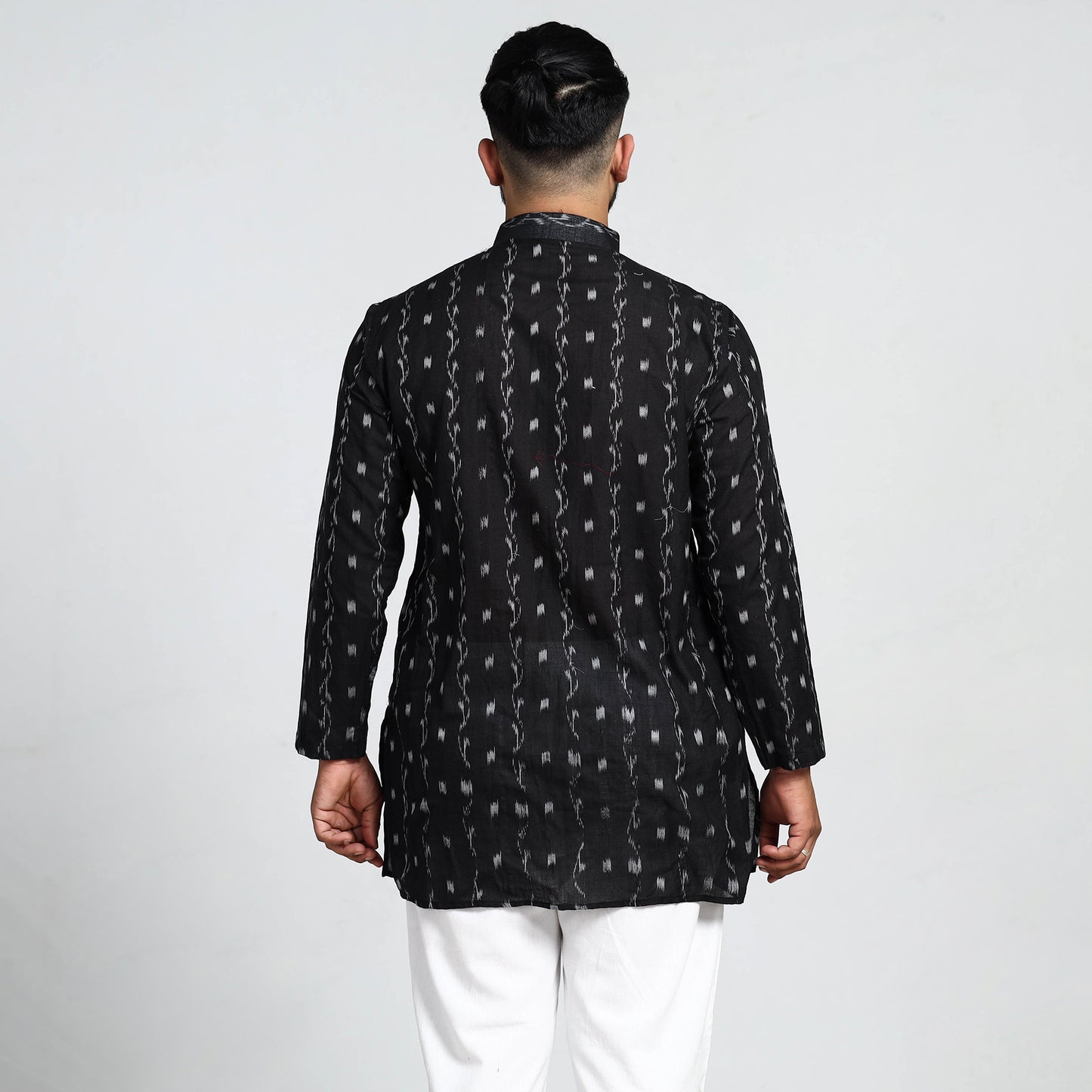 Black - Sambalpuri Ikat Weave Cotton Men Short Kurta