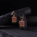 WHE Black & Red Handmade Repurposed Ajrakh Fabric & Wood Square Earrings 08