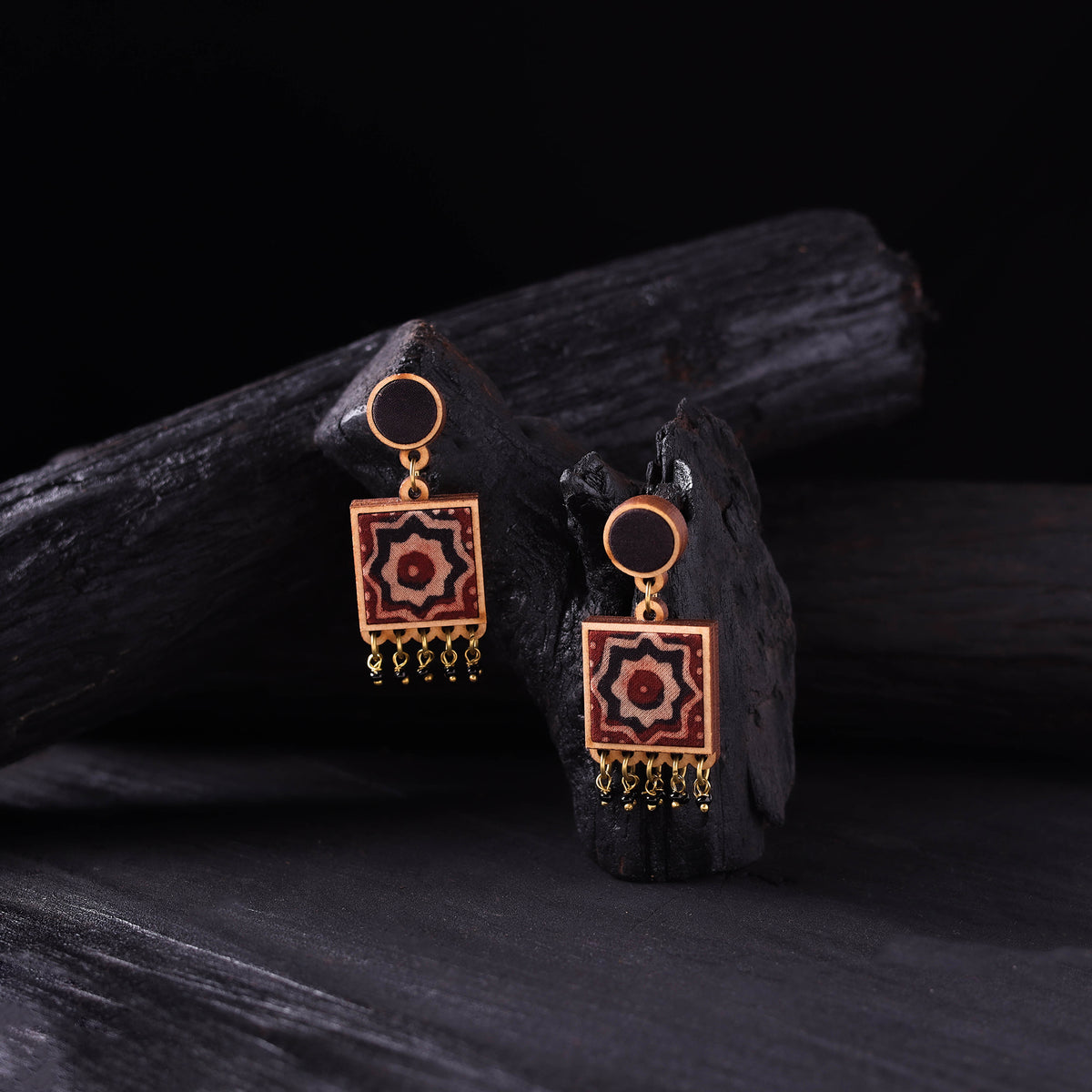 WHE Black & Red Handmade Repurposed Ajrakh Fabric & Wood Square Earrings 08