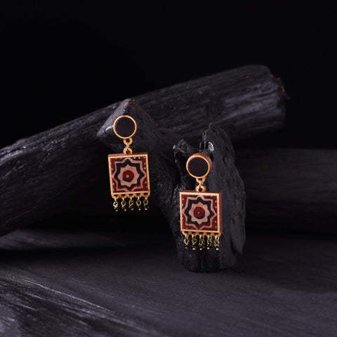 WHE Black & Red Handmade Repurposed Ajrakh Fabric & Wood Square Earrings 08