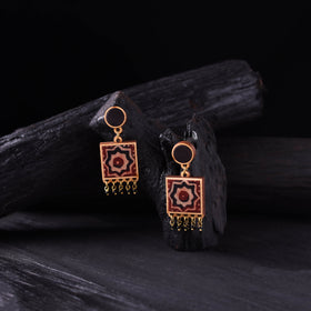 WHE Black & Red Handmade Repurposed Ajrakh Fabric & Wood Square Earrings 08