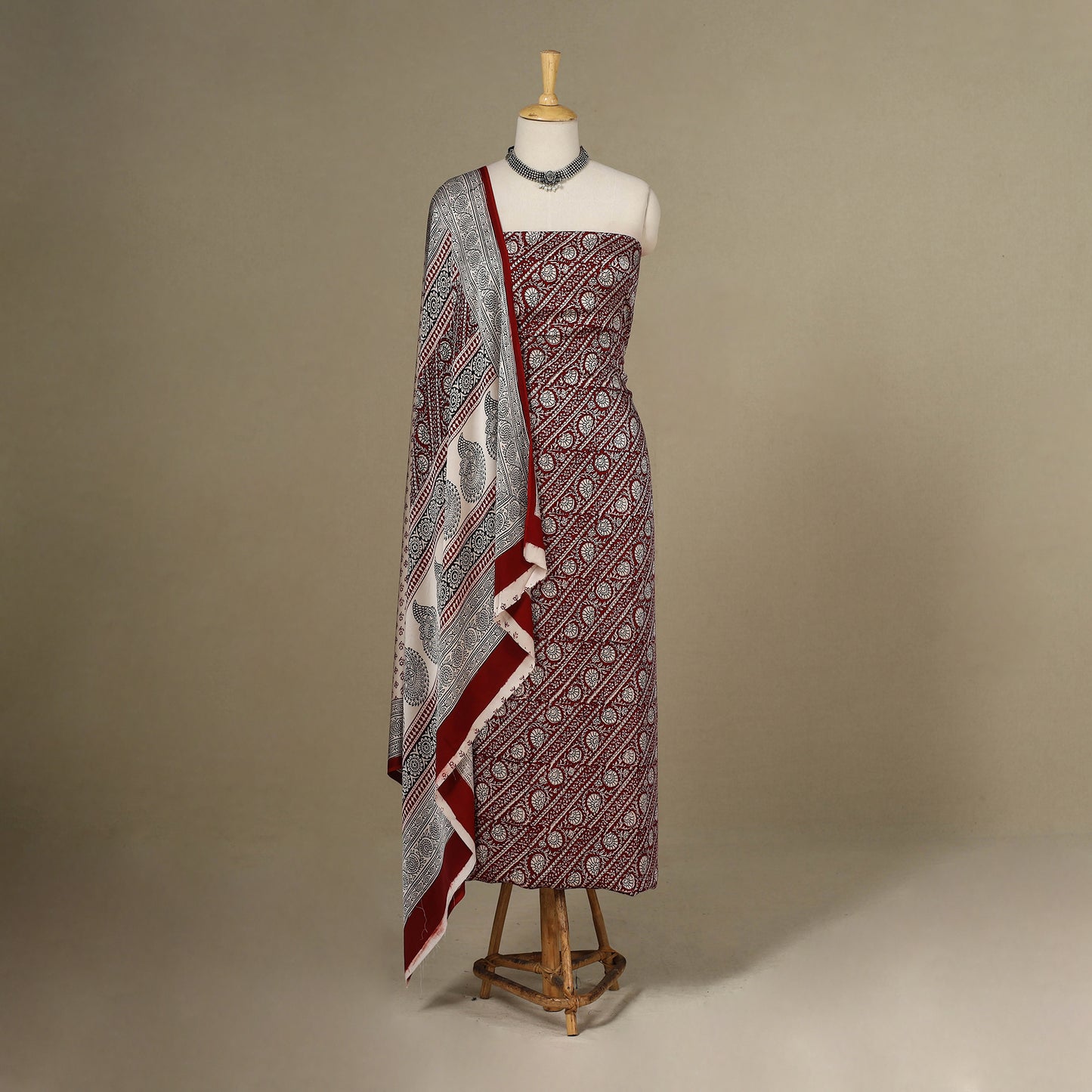 Maroon - 3pc Modal Silk Unstitched  Bagh Print Suit Material Set 